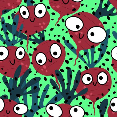 Karikatür yaz sebze baskısı kumaşlar ve çarşaflar için dikişsiz turp deseni ve ambalaj kağıdı ve restoran ambalajları ve mutfak aksesuarları. Yüksek kaliteli illüstrasyon