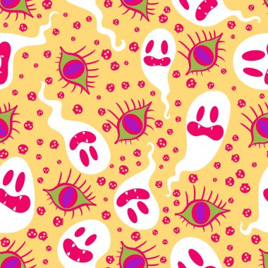 Cadılar Bayramı hayaletleri kağıt, kumaş, çarşaf ve çocuk giysileri baskısı, ambalaj ve şenlikli aksesuarlar için kusursuz çizgi film desenleri. Yüksek kaliteli illüstrasyon