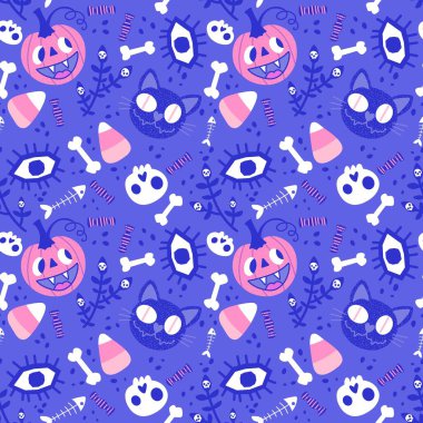 Sonbahar çizgi filmi Cadılar Bayramı canavarları dikişsiz balkabakları, kediler, gözler ve kemik desenleri kağıt, kumaş, çarşaf ve çocuk resimleri ve parti aksesuarları. Yüksek kaliteli illüstrasyon