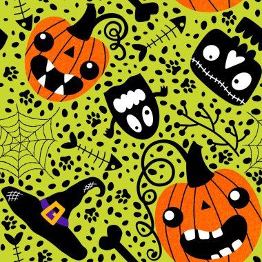 Çizgi film cadılar bayramı balkabakları, kusursuz hayaletler, kafatasları, kemikler, ağ ve kumaşlar, çocuk kıyafetleri ve parti aksesuarları için cadı şapkası desenleri. Yüksek kaliteli illüstrasyon