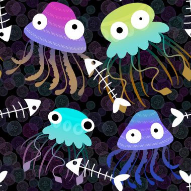 Çizgi filmlerdeki deniz hayvanları yaz baskısı, kumaşlar, çarşaflar çocuk giysileri, parti aksesuarları ve mayo tekstil ürünleri için kusursuz desenler. Yüksek kaliteli illüstrasyon
