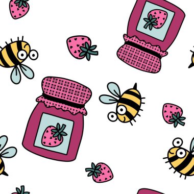 Karikatür yaz karalamaları. Kağıt, kumaş, çarşaf, çocuk kıyafetleri ve parti aksesuarları için dikişsiz arı ve çilek reçeli deseni. Yüksek kaliteli illüstrasyon