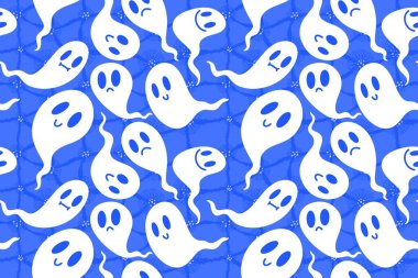 Cadılar Bayramı hayaletleri kağıt, kumaş, çarşaf ve çocuk giysileri baskısı, ambalaj ve şenlikli aksesuarlar için kusursuz çizgi film desenleri. Yüksek kaliteli illüstrasyon