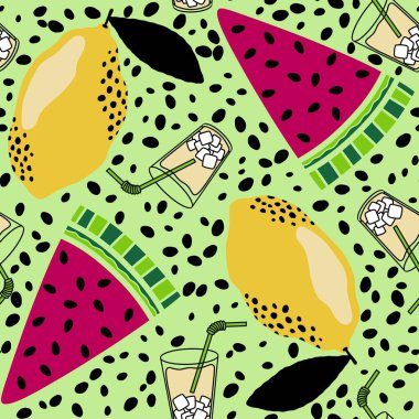 Soyut işaretleyiciler ve meyvesiz karpuz ve ambalaj kağıdı için limon deseni ve çocuk giysileri baskısı ve kumaşlar ve yaz aksesuarları ve çarşaf ve mutfak tekstili. Yüksek kaliteli illüstrasyon