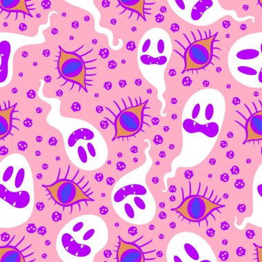 Cadılar Bayramı hayaletleri kağıt, kumaş, çarşaf ve çocuk giysileri baskısı, ambalaj ve şenlikli aksesuarlar için kusursuz çizgi film desenleri. Yüksek kaliteli illüstrasyon