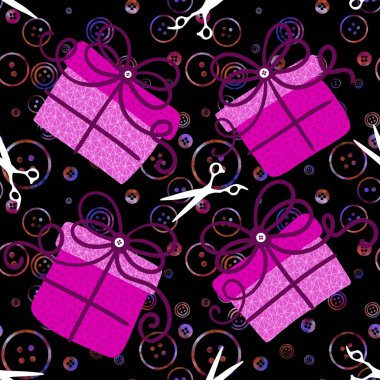 Karikatür doğum günü hediye kutusu, dikiş düğmeleri, kumaşlar, ambalaj kağıtları, çocuk kıyafetleri, parti aksesuarları ve Noel tekstili. Yüksek kaliteli illüstrasyon