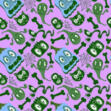Sonbahar karikatür karikatür baskısı dikişsiz Cadılar Bayramı balkabakları, hayalet, kedi, kafatası ve kağıt, kumaş, çocuk kıyafetleri ve parti aksesuarları için kemik deseni. Yüksek kaliteli illüstrasyon