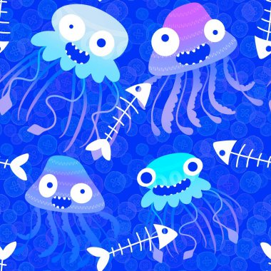 Çizgi filmlerdeki deniz hayvanları yaz baskısı, kumaşlar, çarşaflar çocuk giysileri, parti aksesuarları ve mayo tekstil ürünleri için kusursuz desenler. Yüksek kaliteli illüstrasyon