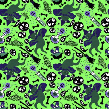 Cadılar Bayramı hayvanları kağıt, kumaş, çarşaf ve çocuk kıyafetleri ve parti aksesuarları için kusursuz kurbağa desenleri. Yüksek kaliteli illüstrasyon