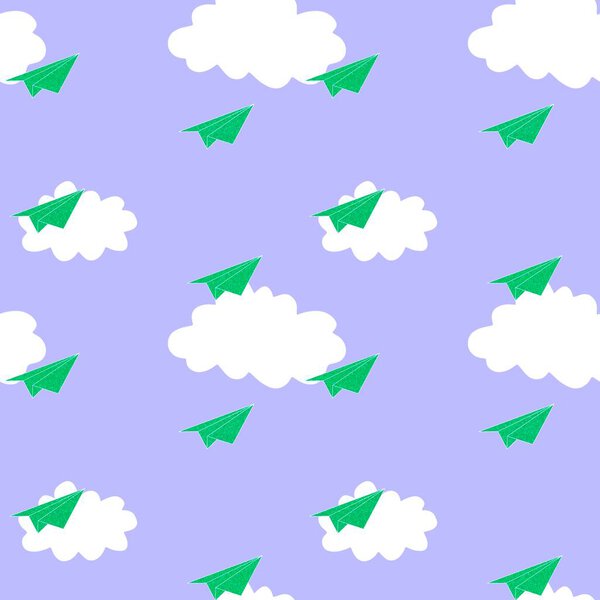 Cartoon summer print seamless paper airplane and clouds pattern for wrapping paper and fabrics and linens and kids clothes and party accessories. High quality illustration