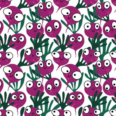 Karikatür yaz sebze baskısı kumaşlar ve çarşaflar için dikişsiz turp deseni ve ambalaj kağıdı ve restoran ambalajları ve mutfak aksesuarları. Yüksek kaliteli illüstrasyon