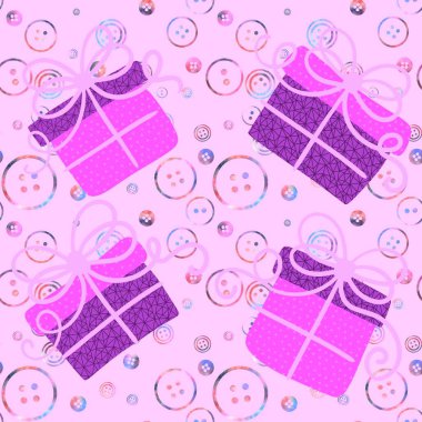 Karikatür doğum günü hediye kutusu, dikiş düğmeleri, kumaşlar, ambalaj kağıtları, çocuk kıyafetleri, parti aksesuarları ve Noel tekstili. Yüksek kaliteli illüstrasyon