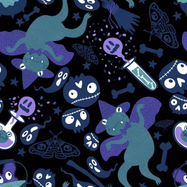 Cadılar Bayramı hayvanları kağıt, kumaş, çarşaf ve çocuk kıyafetleri ve parti aksesuarları için kusursuz kurbağa desenleri. Yüksek kaliteli illüstrasyon