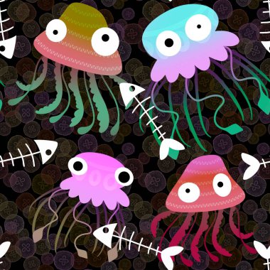 Çizgi filmlerdeki deniz hayvanları yaz baskısı, kumaşlar, çarşaflar çocuk giysileri, parti aksesuarları ve mayo tekstil ürünleri için kusursuz desenler. Yüksek kaliteli illüstrasyon