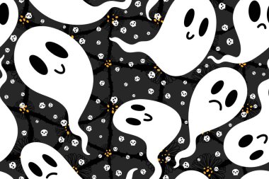 Cadılar Bayramı hayaletleri kağıt, kumaş, çarşaf ve çocuk giysileri baskısı, ambalaj ve şenlikli aksesuarlar için kusursuz çizgi film desenleri. Yüksek kaliteli illüstrasyon