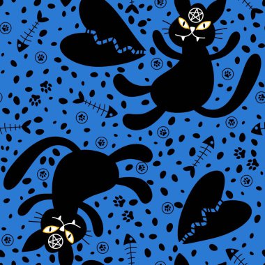 Çizgi filmlerdeki cadılar bayramı hayvanları, kağıt, kumaş, çarşaf ve çocuk giysileri baskısı, parti aksesuarları ve Ekim ambalajı için kusursuz kediler ve balık kemikleri desenleri. Yüksek kaliteli illüstrasyon