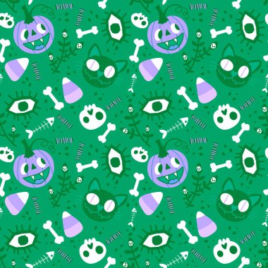 Sonbahar çizgi filmi Cadılar Bayramı canavarları dikişsiz balkabakları, kediler, gözler ve kemik desenleri kağıt, kumaş, çarşaf ve çocuk resimleri ve parti aksesuarları. Yüksek kaliteli illüstrasyon