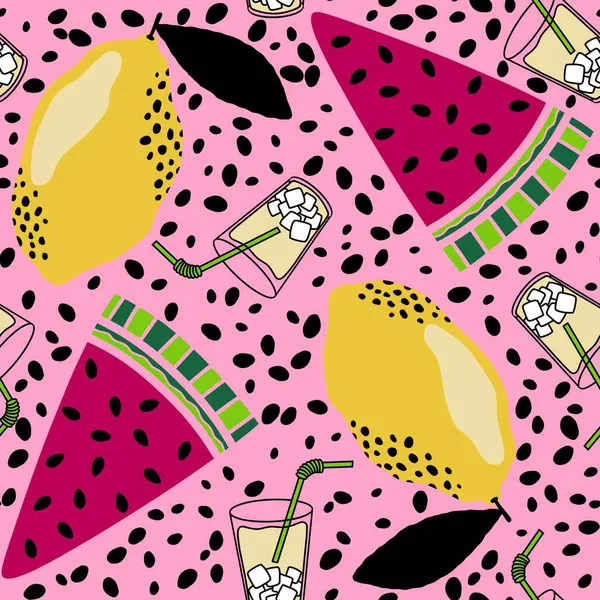 Soyut işaretleyiciler ve meyvesiz karpuz ve ambalaj kağıdı için limon deseni ve çocuk giysileri baskısı ve kumaşlar ve yaz aksesuarları ve çarşaf ve mutfak tekstili. Yüksek kaliteli illüstrasyon