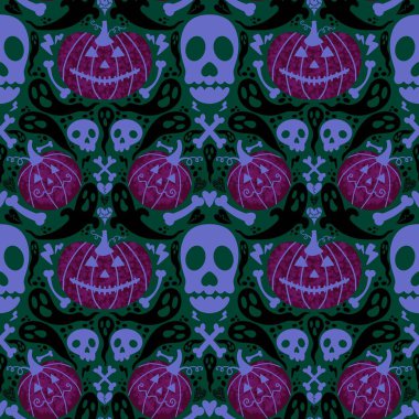 Sonbahar sebze hasadı kusursuz Cadılar Bayramı balkabağı deseni ambalaj kağıdı, kumaş ve çocuk giysileri baskısı ve mutfak ve bayram ambalajı ve moda tekstili. Yüksek kaliteli illüstrasyon