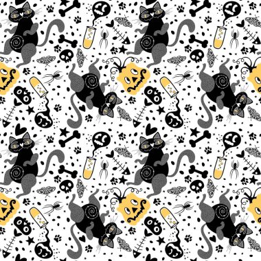 Cadılar Bayramı hayvanları, kağıt, kumaş, çarşaf, çocuk kıyafetleri ve parti aksesuarları için kusursuz kediler ve balkabağı desenleri. Yüksek kaliteli illüstrasyon