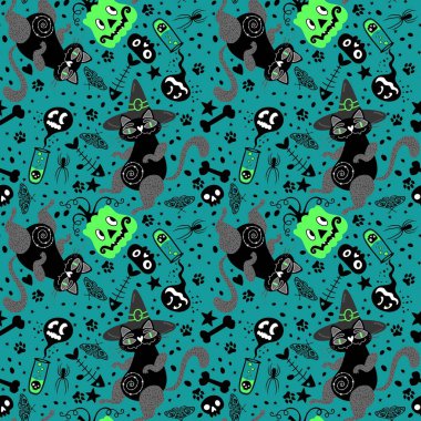 Cadılar Bayramı hayvanları, kağıt, kumaş, çarşaf, çocuk kıyafetleri ve parti aksesuarları için kusursuz kediler ve balkabağı desenleri. Yüksek kaliteli illüstrasyon