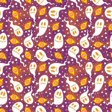 Cadılar Bayramı hayaletleri kağıt, kumaş, çarşaf ve çocuk giysileri baskısı, ambalaj ve şenlikli aksesuarlar için kusursuz çizgi film desenleri. Yüksek kaliteli illüstrasyon