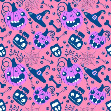Çizgi film cadılar bayramı balkabakları, kusursuz hayaletler, kafatasları, kemikler, ağ ve kumaşlar, çocuk kıyafetleri ve parti aksesuarları için cadı şapkası desenleri. Yüksek kaliteli illüstrasyon