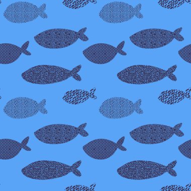 Çizgi filmlerdeki deniz hayvanları kağıt, kumaş, çarşaf, çocuk kıyafeti, yaz baskısı, parti aksesuarları ve moda tekstili için kusursuz balık desenleri. Yüksek kaliteli illüstrasyon