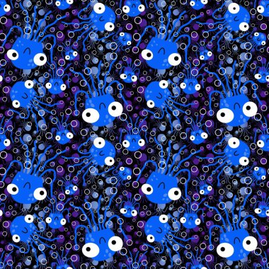 Çizgi filmlerdeki deniz hayvanları yaz baskısı, kumaşlar, çarşaflar çocuk giysileri, parti aksesuarları ve mayo tekstil ürünleri için kusursuz desenler. Yüksek kaliteli illüstrasyon