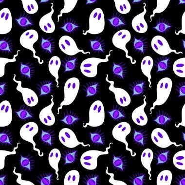 Cadılar Bayramı hayaletleri kağıt, kumaş, çarşaf ve çocuk giysileri baskısı, ambalaj ve şenlikli aksesuarlar için kusursuz çizgi film desenleri. Yüksek kaliteli illüstrasyon