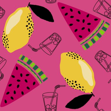 Soyut işaretleyiciler ve meyvesiz karpuz ve ambalaj kağıdı için limon deseni ve çocuk giysileri baskısı ve kumaşlar ve yaz aksesuarları ve çarşaf ve mutfak tekstili. Yüksek kaliteli illüstrasyon