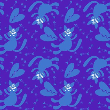 Çizgi filmlerdeki cadılar bayramı hayvanları, kağıt, kumaş, çarşaf ve çocuk giysileri baskısı, parti aksesuarları ve Ekim ambalajı için kusursuz kediler ve balık kemikleri desenleri. Yüksek kaliteli illüstrasyon