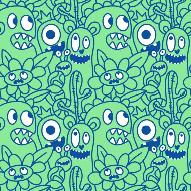 Çizgi filmlerde cadılar bayramı uzaylıları, kağıt, kumaş, çarşaf, çocuk kıyafetleri ve parti aksesuarları için kusursuz canavar desenleri çizerler. Yüksek kaliteli illüstrasyon