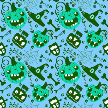 Çizgi film cadılar bayramı balkabakları, kusursuz hayaletler, kafatasları, kemikler, ağ ve kumaşlar, çocuk kıyafetleri ve parti aksesuarları için cadı şapkası desenleri. Yüksek kaliteli illüstrasyon