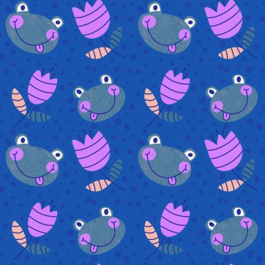 Çizgi filmlerdeki kusursuz kurbağa desenleri kağıt, kumaş, çarşaf, çocuk giysisi baskısı, şenlik ambalajı ve parti aksesuarları için. Yüksek kaliteli illüstrasyon