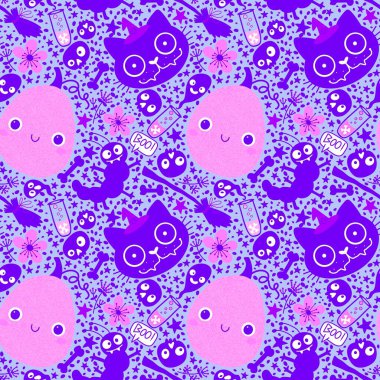 Cadılar Bayramı balkabakları kağıt, kumaş, çarşaf, çocuk giysisi baskısı, şenlik ambalajı ve sonbahar partisi aksesuarları için kusursuz canavar desenleri. Yüksek kaliteli illüstrasyon