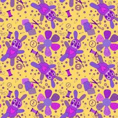 Çizgi film dikiş hobileri dikişsiz tavşan oyuncakları, çiçek düğmeleri, makas desenleri kağıt, kumaş, çarşaf ve çocuk giysileri baskıları. Yüksek kaliteli illüstrasyon