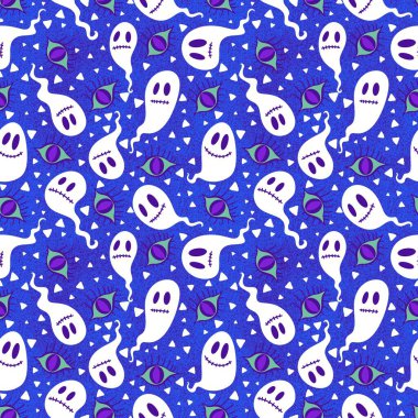 Cadılar Bayramı hayaletleri kağıt, kumaş, çarşaf ve çocuk giysileri baskısı, ambalaj ve şenlikli aksesuarlar için kusursuz çizgi film desenleri. Yüksek kaliteli illüstrasyon