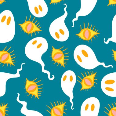 Cadılar Bayramı hayaletleri kağıt, kumaş, çarşaf ve çocuk giysileri baskısı, ambalaj ve şenlikli aksesuarlar için kusursuz çizgi film desenleri. Yüksek kaliteli illüstrasyon