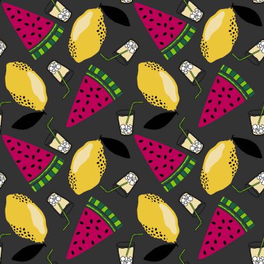 Soyut işaretleyiciler ve meyvesiz karpuz ve ambalaj kağıdı için limon deseni ve çocuk giysileri baskısı ve kumaşlar ve yaz aksesuarları ve çarşaf ve mutfak tekstili. Yüksek kaliteli illüstrasyon