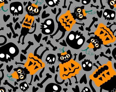 Cadılar Bayramı hayvanları, kağıt, kumaş, çarşaf, çocuk kıyafetleri ve parti aksesuarları için kusursuz kediler ve balkabağı desenleri. Yüksek kaliteli illüstrasyon