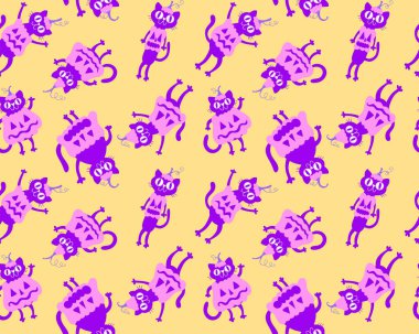 Cadılar Bayramı hayvanları, kağıt, kumaş, çarşaf, çocuk kıyafetleri ve parti aksesuarları için kusursuz kediler ve balkabağı desenleri. Yüksek kaliteli illüstrasyon