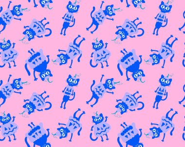 Cadılar Bayramı hayvanları, kağıt, kumaş, çarşaf, çocuk kıyafetleri ve parti aksesuarları için kusursuz kediler ve balkabağı desenleri. Yüksek kaliteli illüstrasyon