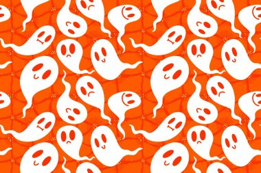 Cadılar Bayramı hayaletleri kağıt, kumaş, çarşaf ve çocuk giysileri baskısı, ambalaj ve şenlikli aksesuarlar için kusursuz çizgi film desenleri. Yüksek kaliteli illüstrasyon