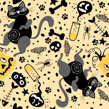 Cadılar Bayramı hayvanları, kağıt, kumaş, çarşaf, çocuk kıyafetleri ve parti aksesuarları için kusursuz kediler ve balkabağı desenleri. Yüksek kaliteli illüstrasyon