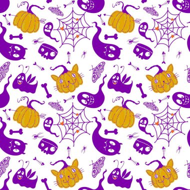 Cadılar Bayramı balkabakları kağıt, kumaş, çarşaf, çocuk giysisi baskısı, şenlik ambalajı ve sonbahar partisi aksesuarları için kusursuz canavar desenleri. Yüksek kaliteli illüstrasyon