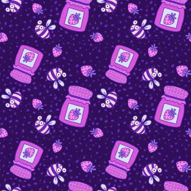 Karikatür yaz karalamaları. Kağıt, kumaş, çarşaf, çocuk kıyafetleri ve parti aksesuarları için dikişsiz arı ve çilek reçeli deseni. Yüksek kaliteli illüstrasyon