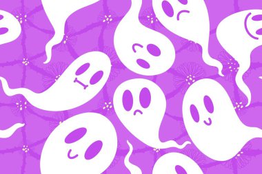 Cadılar Bayramı hayaletleri kağıt, kumaş, çarşaf ve çocuk giysileri baskısı, ambalaj ve şenlikli aksesuarlar için kusursuz çizgi film desenleri. Yüksek kaliteli illüstrasyon