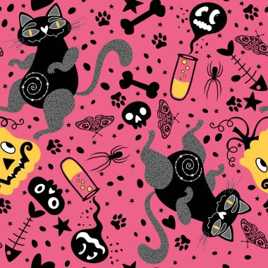 Cadılar Bayramı hayvanları, kağıt, kumaş, çarşaf, çocuk kıyafetleri ve parti aksesuarları için kusursuz kediler ve balkabağı desenleri. Yüksek kaliteli illüstrasyon