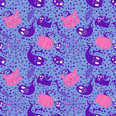 Cadılar Bayramı balkabakları kağıt, kumaş, çarşaf, çocuk giysisi baskısı, şenlik ambalajı ve sonbahar partisi aksesuarları için kusursuz canavar desenleri. Yüksek kaliteli illüstrasyon